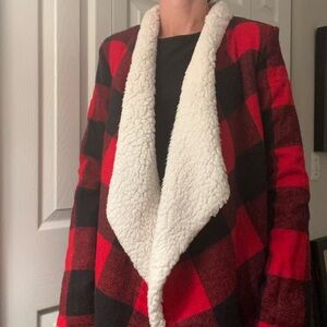 Hollister Red and Black Plaid Jacket with White Sherpa Lining